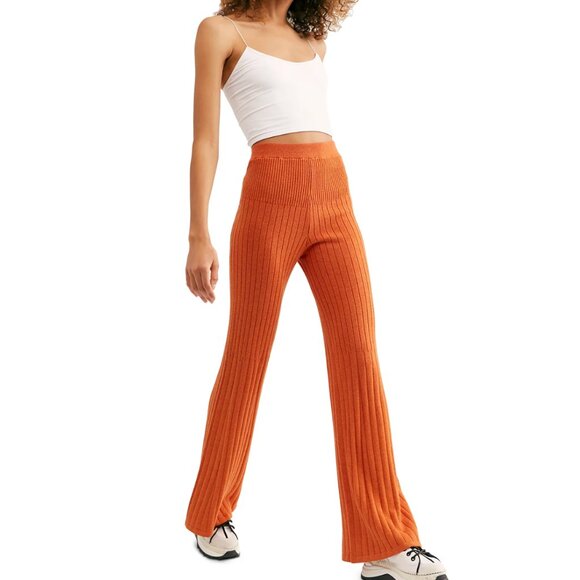 Free People Boho Keep it Real Orange Ribbed Flare Leg Comfortable Pants Size XS - Picture 1 of 7